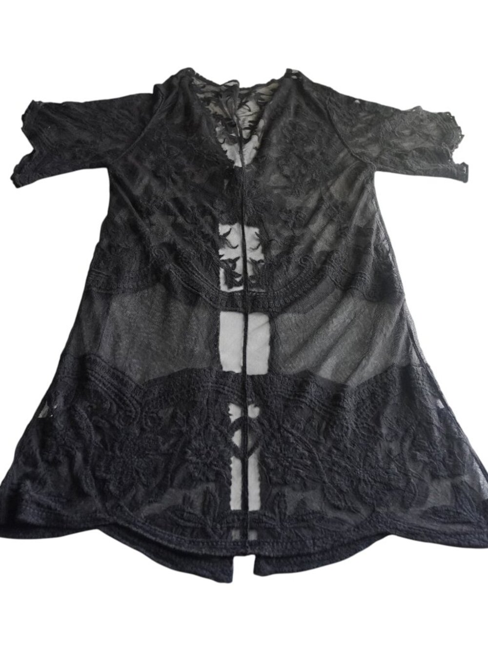 Black Lace Duster Kimono Robe One Size Sheer Gothic Boho Resort Cover Up EUC - Picture 4 of 8